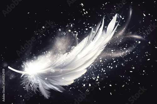 Beautiful white feather floating in air isolated on black background.