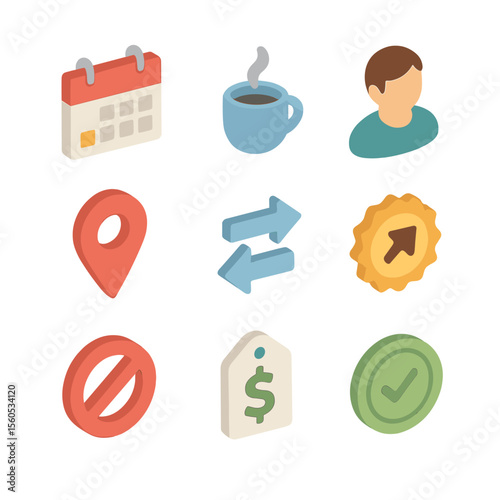 Shift Work Icon Set. Isometric Flat icon set of shift work scheduling calendars: shift block, break icon, employee avatar,