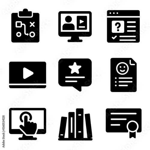 Educational Icons Grid. Solid, filled icon set of Instructional development: project plan, e-learning content, quiz creation,