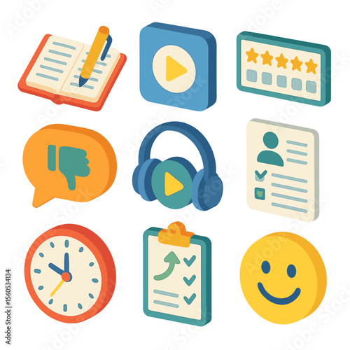 Singing Performance Icons. Isometric Flat icon set of singing performance reflections: journal with pen, replay button, star