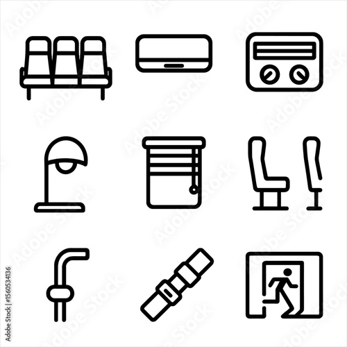 Shuttle Bus Interior Icons. Outline icon set of shuttle bus interior features: seat row, overhead compartment, air vent, reading