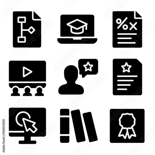 Educational Icons Grid. Solid, filled icon set of Instructional development: project plan, e-learning content, quiz creation,