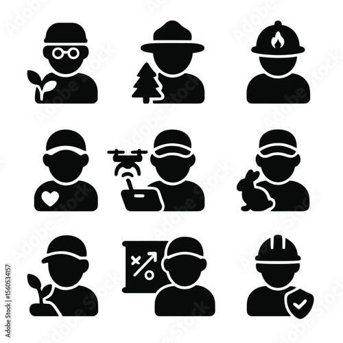 Ecosystem Restoration Icons. Solid, filled icon set of ecosystem restoration teams: ecologist, forest ranger, fire crew,