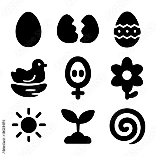 Egg Symbology Grid. Solid, filled icon set of egg symbolism and art: egg shape, cracked shell, painted egg, nesting bird,