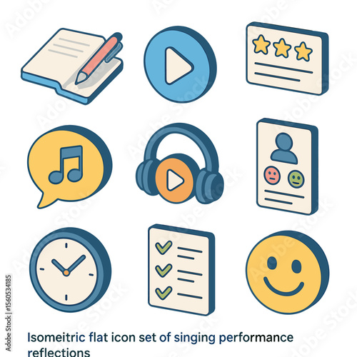 Singing Performance Icons. Isometric Flat icon set of singing performance reflections: journal with pen, replay button, star