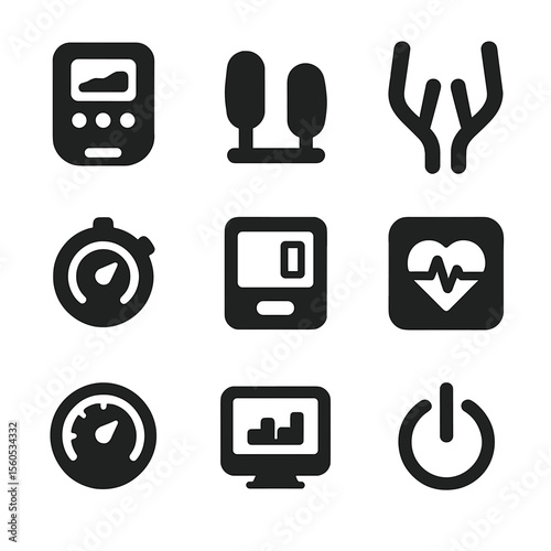 Elliptical Machine Icons. Solid, filled icon set of elliptical machine features: control panel, pedals, handlebars, resistance