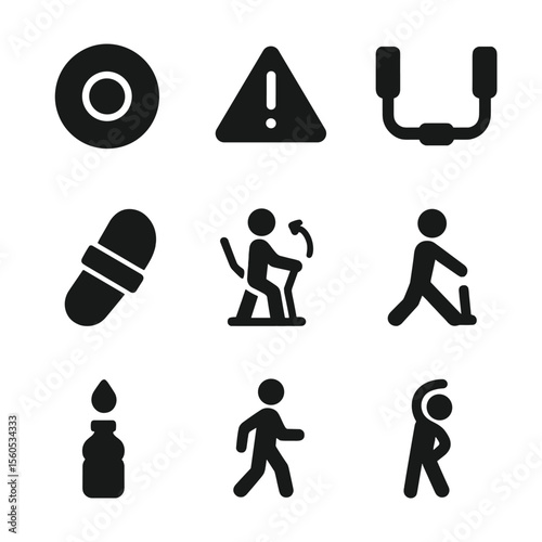 Elliptical Safety Icons. Solid, filled icon set of elliptical machine safety: emergency stop, warning sign, grip handles, foot