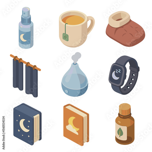 Sleep Hygiene Icons. Isometric Flat icon set of sleep hygiene products: pillow spray, herbal tea mug, foot warmer, blackout