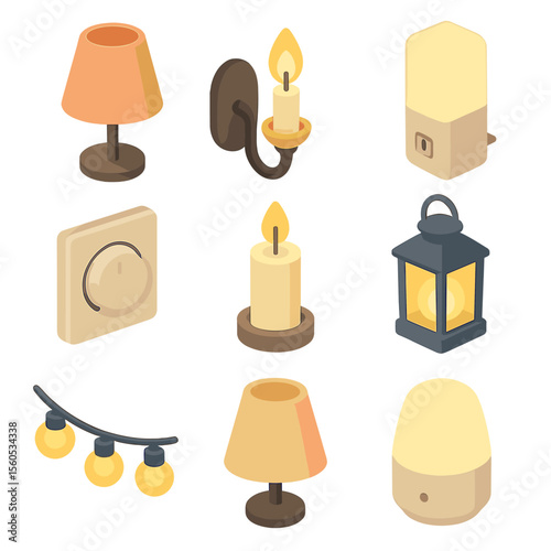 Isometric Sleepytime Lights. Isometric Flat icon set of sleepytime lighting: bedside lamp, wall sconce, nightlight, dimmer switch,