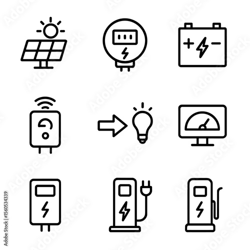Smart Energy Icons. Outline icon set of smart energy management: solar panel, smart meter, energy storage battery, smart grid,