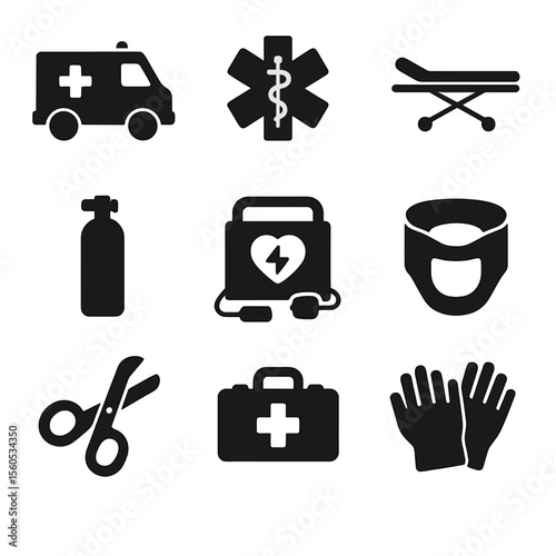 Emergency and PPE Icons. Solid, filled icon set of paramedics at emergency scenes: ambulance, EMT badge, stretcher, oxygen tank,