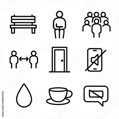 Social Isolation Icons. Outline icon set of social isolation in crowd: empty bench, lone figure, crowd silhouette with one