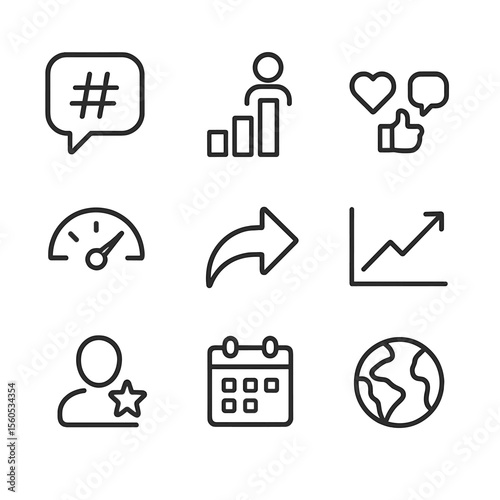 Social Media Analytics Icons. Outline icon set of Social Media Analytics: hashtag bubble, follower count bar, engagement reaction