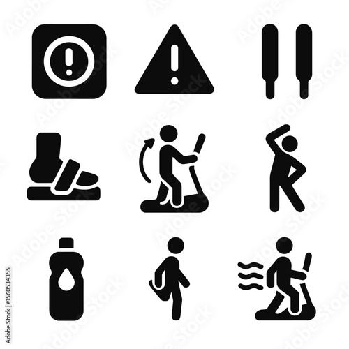 Elliptical Safety Icons. Solid, filled icon set of elliptical machine safety: emergency stop, warning sign, grip handles, foot