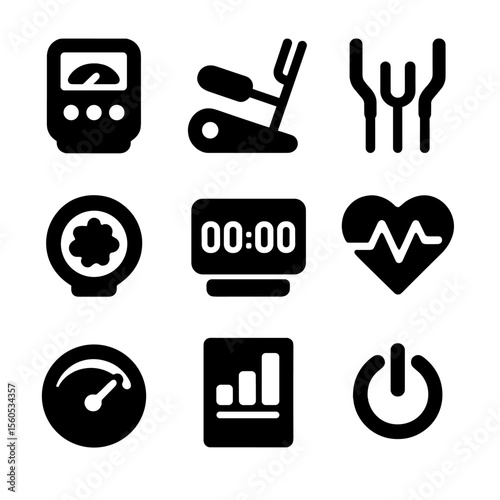 Elliptical Machine Icons. Solid, filled icon set of elliptical machine features: control panel, pedals, handlebars, resistance