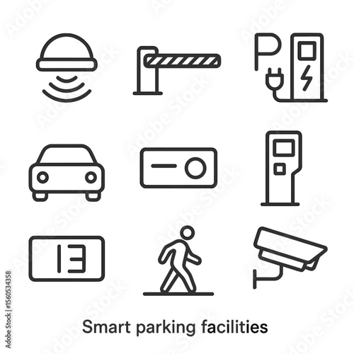 Smart Parking Icon Set. Outline icon set of smart parking facilities: parking sensor, electric gate barrier, EV charging spot,