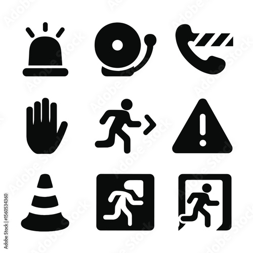 Emergency Icons Grid. Solid, filled icon set of emergency warning signs: siren, alarm bell, emergency phone, caution tape, stop