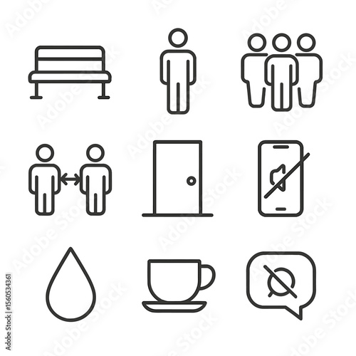 Social Isolation Icons. Outline icon set of social isolation in crowd: empty bench, lone figure, crowd silhouette with one