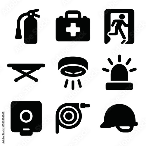 Emergency Equipment Icons. Solid, filled icon set of army barracks emergency equipment: fire extinguisher, first aid kit,