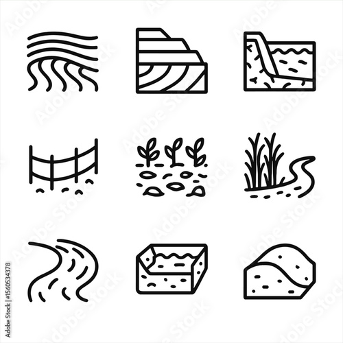 Soil Conservation Icons. Outline icon set of soil conservation techniques: contour plowing lines, terraced field, check dam, silt