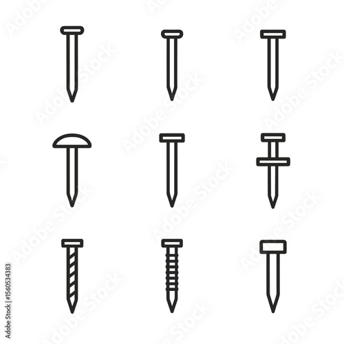 Nail Icon Grid. Outline icon set of nail types: common nail, finishing nail, brad nail, roofing nail, masonry nail, duplex nail,