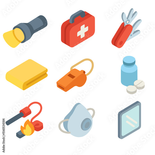 Emergency Kit Icon Collection. Isometric Flat icon set of emergency preparedness kit: flashlight beam, first-aid kit, multi-tool,