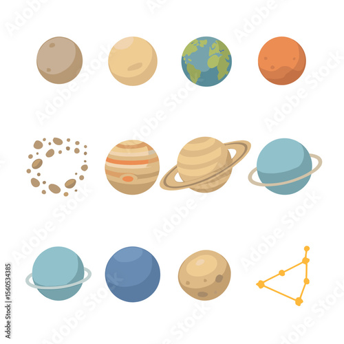 Solar System Icons. Isometric Flat icon set of Saturn in solar system context: inner planet icons, asteroid belt segment, Jupiter