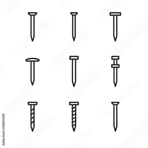 Nail Icon Grid. Outline icon set of nail types: common nail, finishing nail, brad nail, roofing nail, masonry nail, duplex nail,