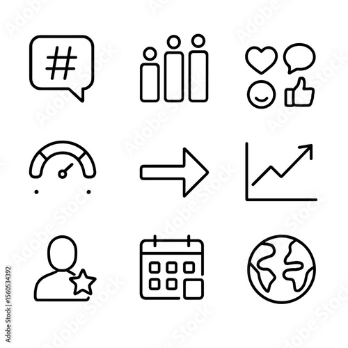 Social Media Analytics Icons. Outline icon set of Social Media Analytics: hashtag bubble, follower count bar, engagement reaction