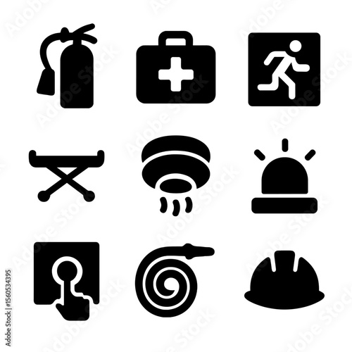 Emergency Equipment Icons. Solid, filled icon set of army barracks emergency equipment: fire extinguisher, first aid kit,