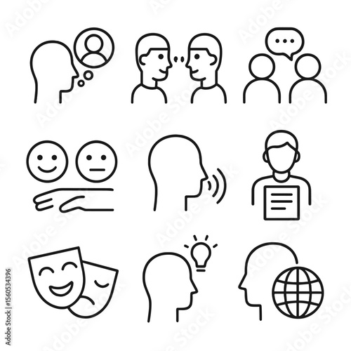 Social Communication Icons. Outline icon set of social communication and pragmatic language functions: theory of mind, eye gaze,