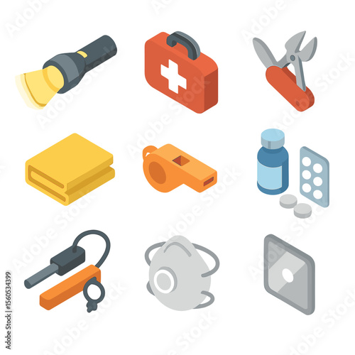 Emergency Kit Icon Collection. Isometric Flat icon set of emergency preparedness kit: flashlight beam, first-aid kit, multi-tool,