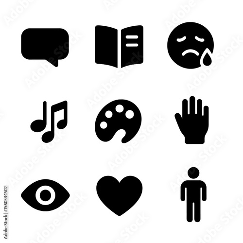 Emotion Icon Grid. Solid, filled icon set of psychological expression channels: speech bubble, journal, crying face, music notes,