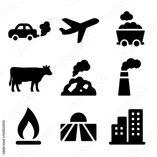 Emission Source Icons. Solid, filled icon set of emission sources: vehicle exhaust, airplane, coal mine, livestock, landfill,