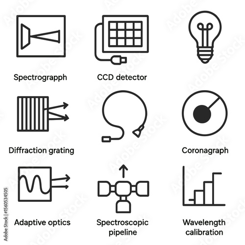 Spectroscopic Instruments Icons. Outline icon set of spectroscopic instruments: echelle spectrograph, CCD detector, calibration
