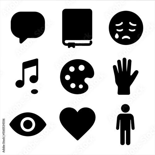 Emotion Icon Grid. Solid, filled icon set of psychological expression channels: speech bubble, journal, crying face, music notes,