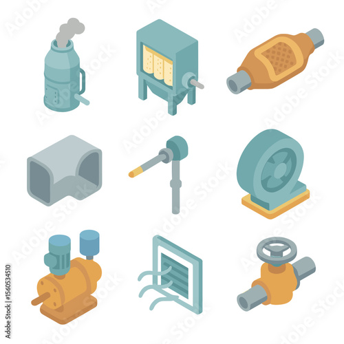 Emission Control Icon Set. Isometric Flat icon set of emission control and scrubbers: flue gas scrubber tower, particulate filter