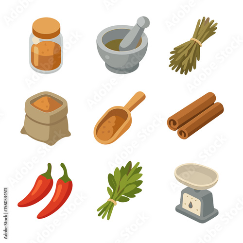 Spice Herb Icon Set. Isometric Flat icon set of spice and herb market: spice jar, mortar and pestle, dried herb bundle, burlap