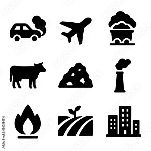 Emission Source Icons. Solid, filled icon set of emission sources: vehicle exhaust, airplane, coal mine, livestock, landfill,