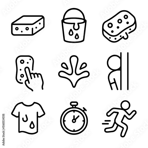 Sponge Water Fight Icons. Outline icon set of sponge tag water fight: sponge block, water bucket, soaked sponge, tagging hand,