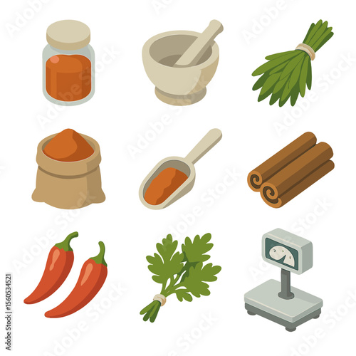 Spice Herb Icon Set. Isometric Flat icon set of spice and herb market: spice jar, mortar and pestle, dried herb bundle, burlap