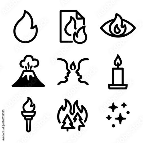 Emotional Fire Symbol Icons. Solid, filled icon set of emotional fire symbolism: flame tongue, burning paper, fiery eye, erupting
