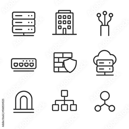 Network Infrastructure Icons. Outline icon set of Network infrastructure: server rack, data center building, fiber optic cable,