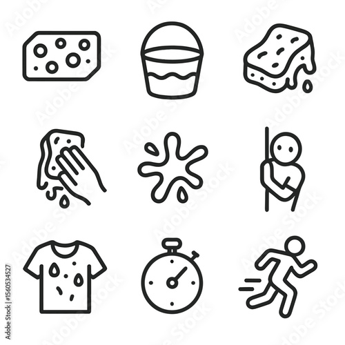 Sponge Water Fight Icons. Outline icon set of sponge tag water fight: sponge block, water bucket, soaked sponge, tagging hand,