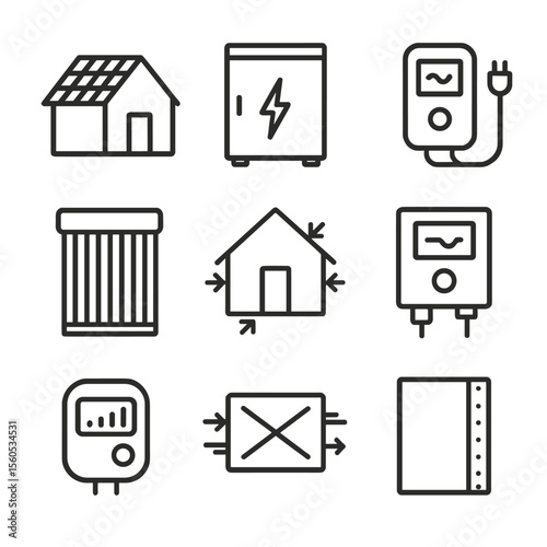 Net-Zero Home Icons. Outline icon set of net-zero energy home elements: photovoltaic roof, battery storage cabinet, electric