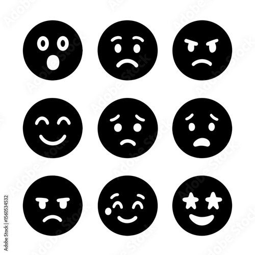 Emotional Icon Grid. Solid, filled icon set of emotional reactions: surprise, confusion, anger, joy, sadness, fear, disgust,
