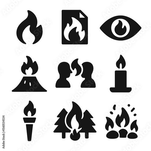 Emotional Fire Symbol Icons. Solid, filled icon set of emotional fire symbolism: flame tongue, burning paper, fiery eye, erupting
