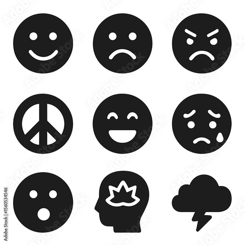 Emotional Icons Grid. Solid, filled icon set of emotional contrast: happy face, sad face, anger icon, peace symbol, laughter icon,