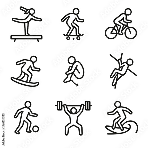 Sports Outline Icons. Outline icon set of sports and CG control: gymnast on beam, skateboarder balance, cyclist center of mass,