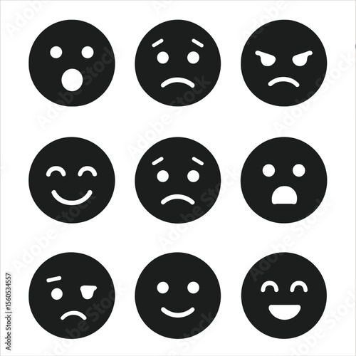 Emotional Icon Grid. Solid, filled icon set of emotional reactions: surprise, confusion, anger, joy, sadness, fear, disgust,
